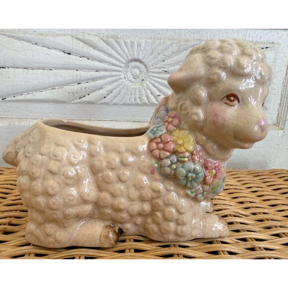 Vintage 60's Planter Pot Cute Sheep With Flower Collar Retro Kitsch - Picture 7 of 7